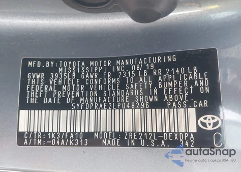 2020 Toyota Corolla L из США, поврежденный, VIN 5YFDPRAE2LP048296